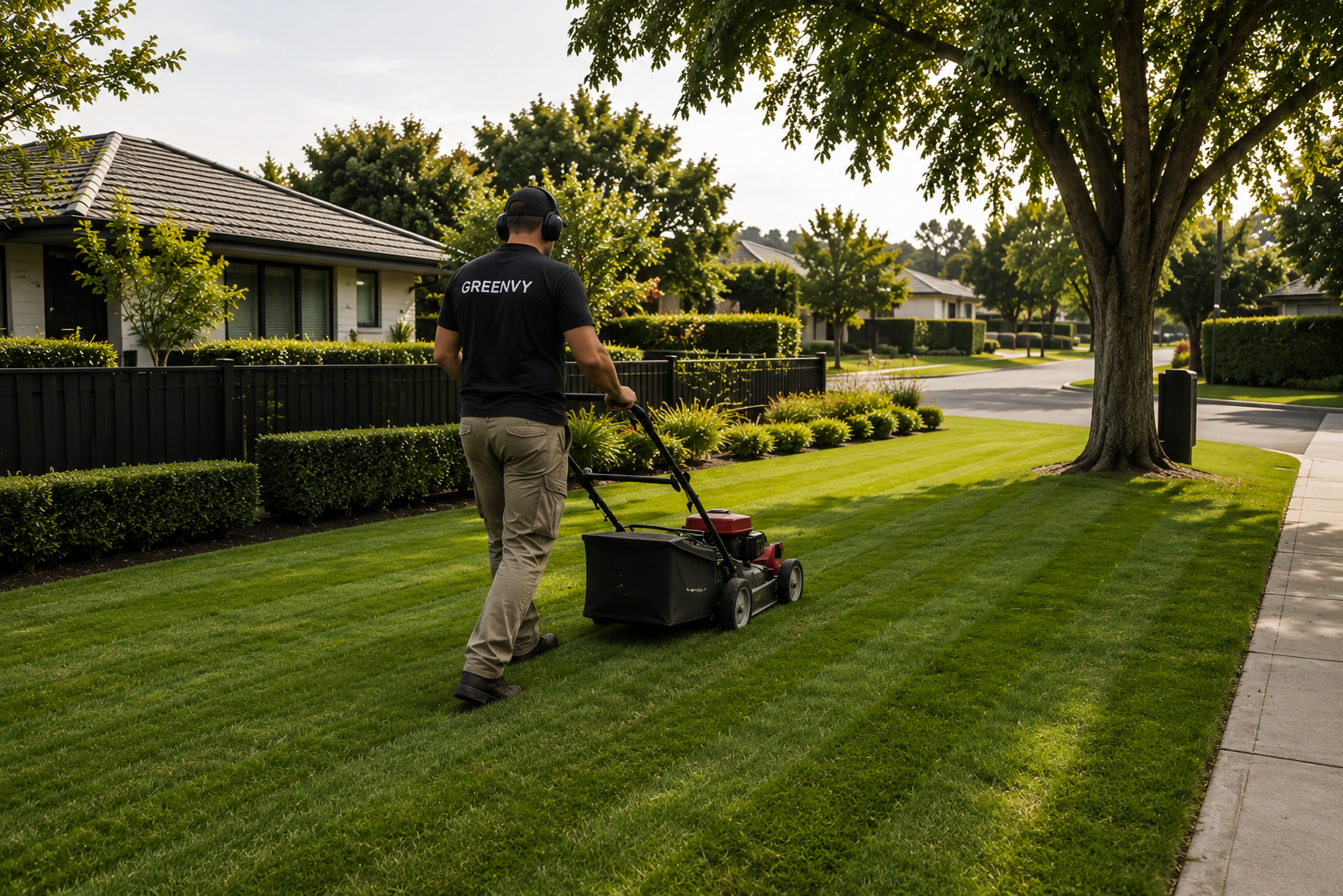 A man wearing a black t-shirt and headphones pushes a red lawn mower across a striped, well-kept suburban lawn.
