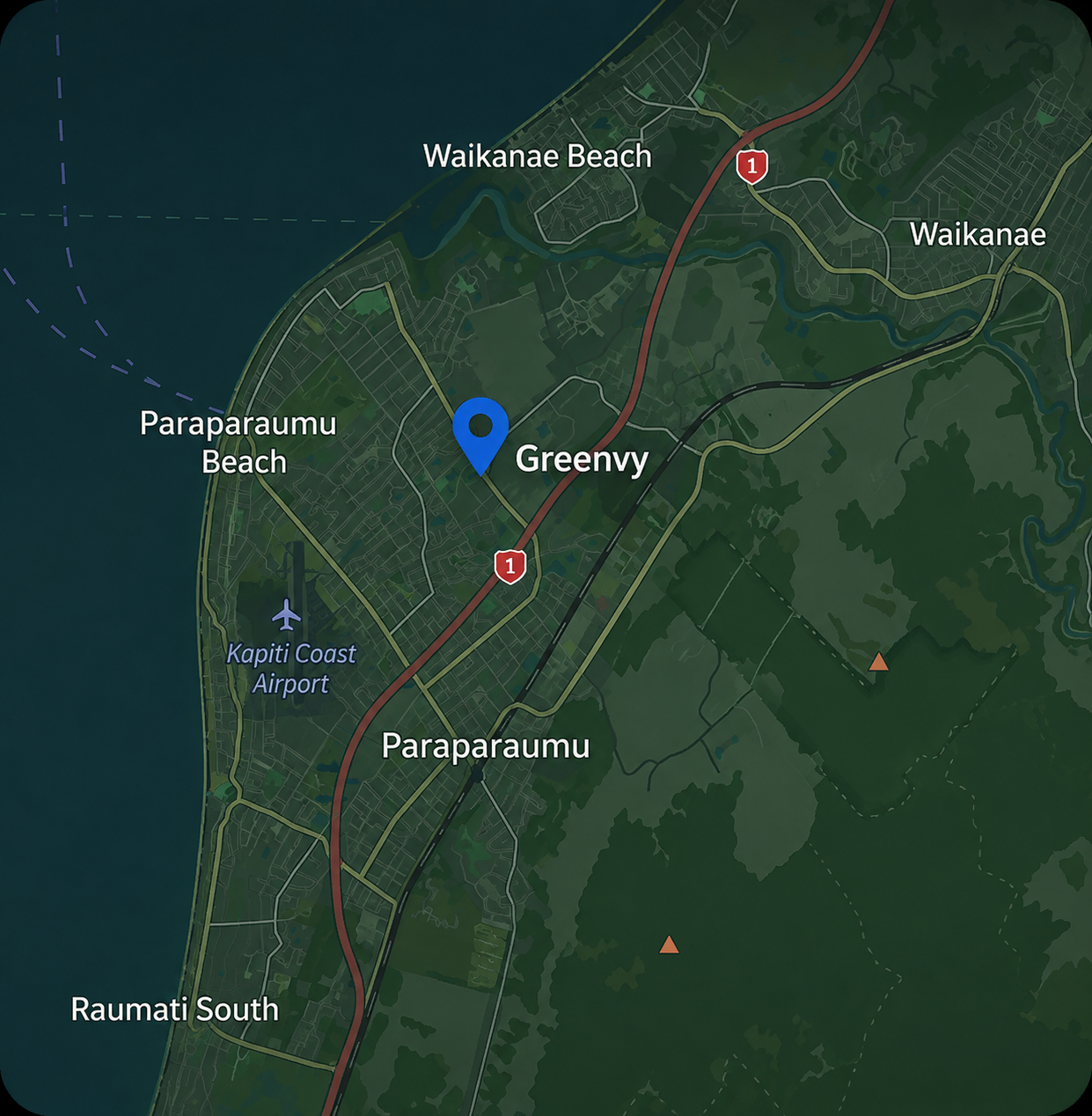 Blue map pin marks Greenvy near Paraparaumu on Kapiti Coast, limited to coastal roads and nearby towns like Paraparaumu Beach and Waikanae.